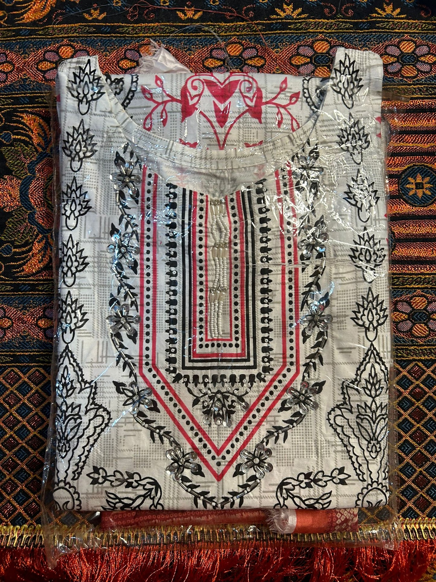 White Cotton Shalwar Kameez with Coloured Tribal Embroidery