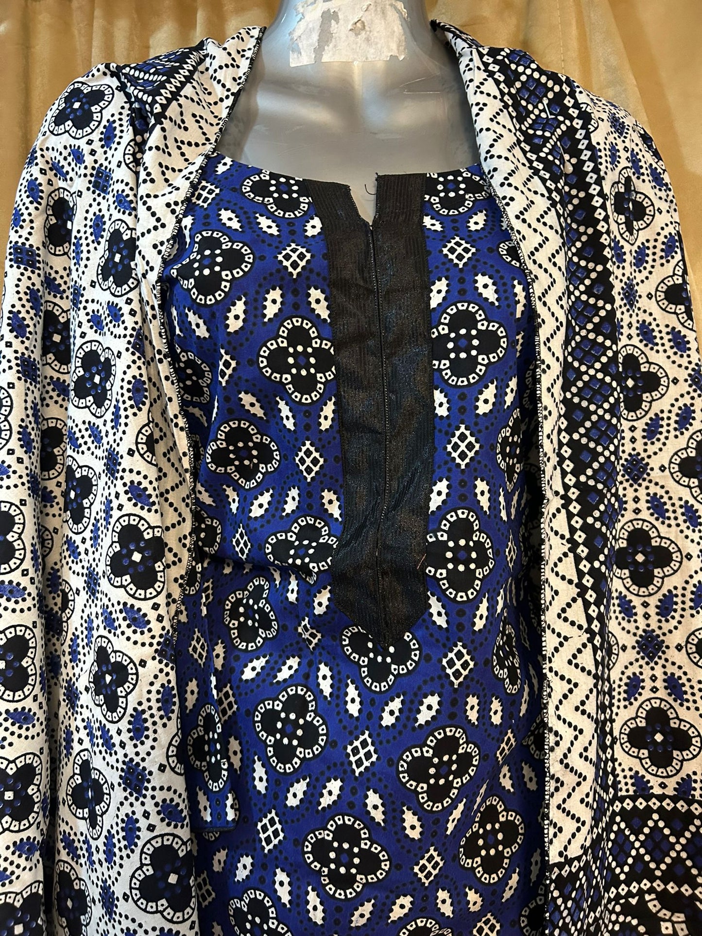 Blue/Black/White Multani Cotton Block Print Shalwar Kameez