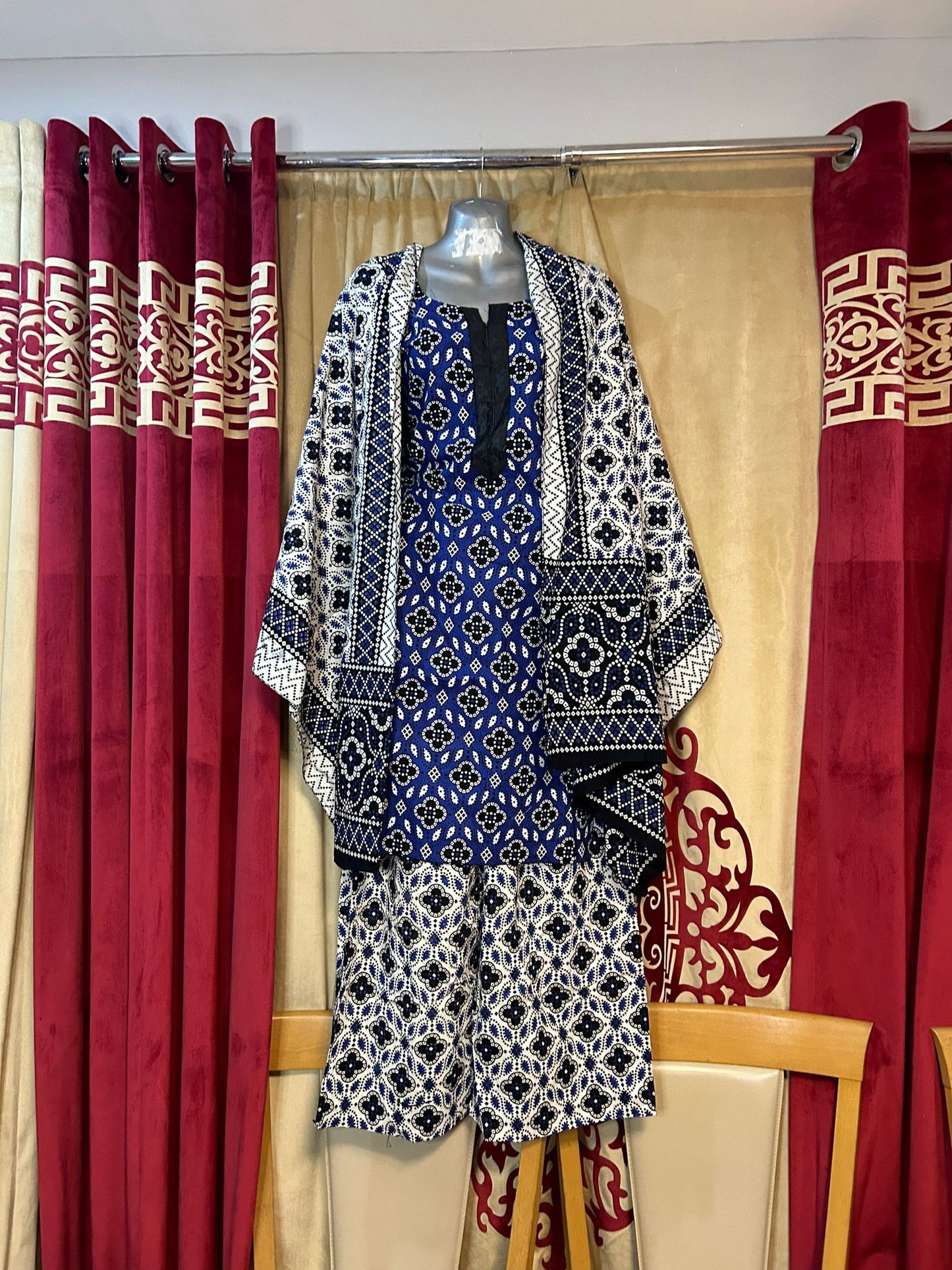 Blue/Black/White Multani Cotton Block Print Shalwar Kameez