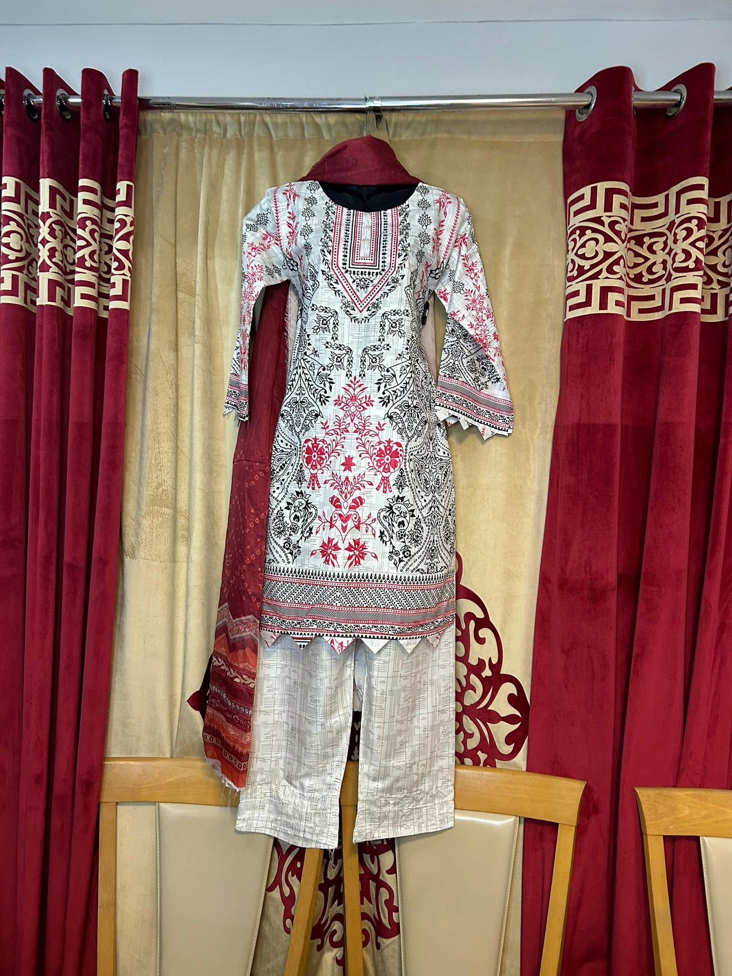 White Cotton Shalwar Kameez with Coloured Tribal Embroidery
