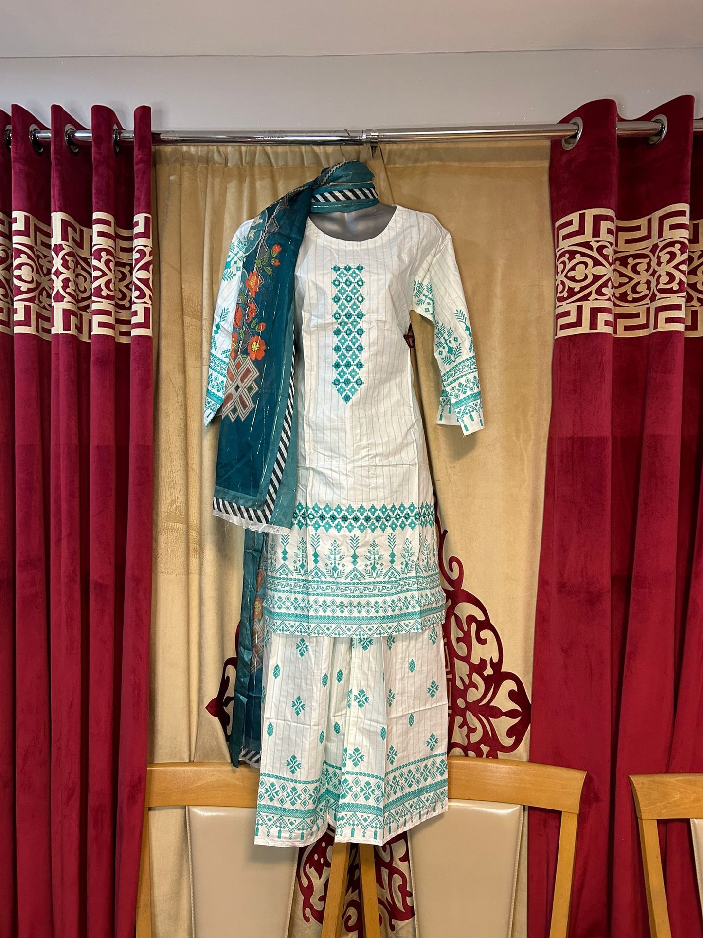 White Cotton Shalwar Kameez with mirror embroidery