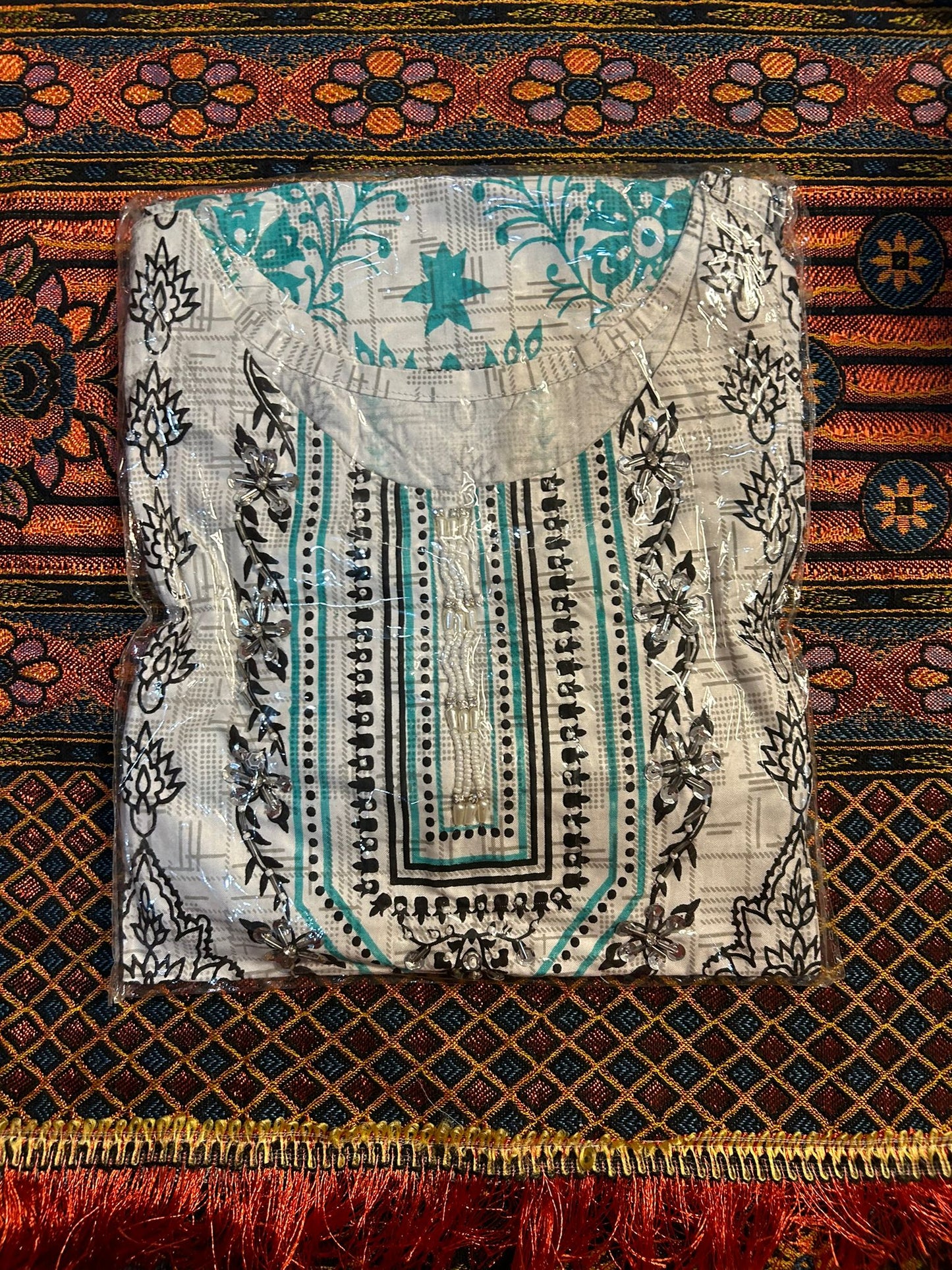 White Cotton Shalwar Kameez with Coloured Tribal Embroidery