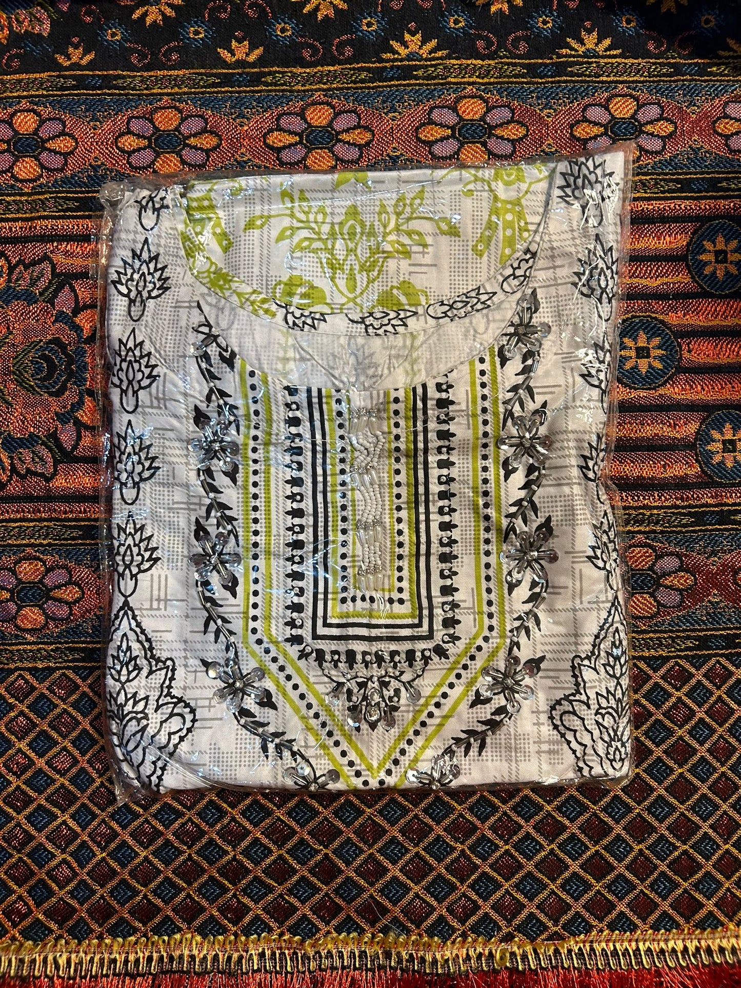 White Cotton Shalwar Kameez with Coloured Tribal Embroidery