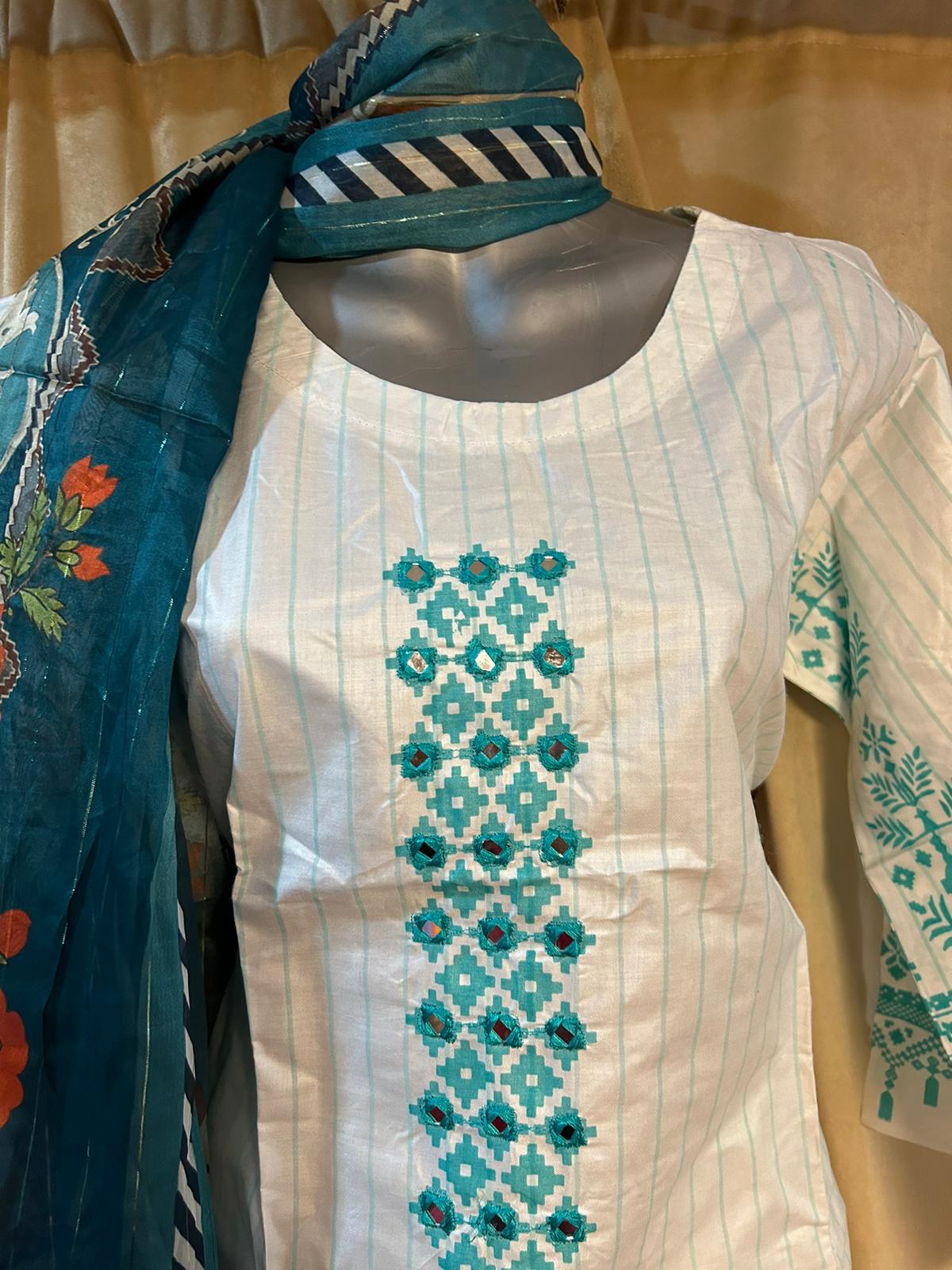 White Cotton Shalwar Kameez with mirror embroidery
